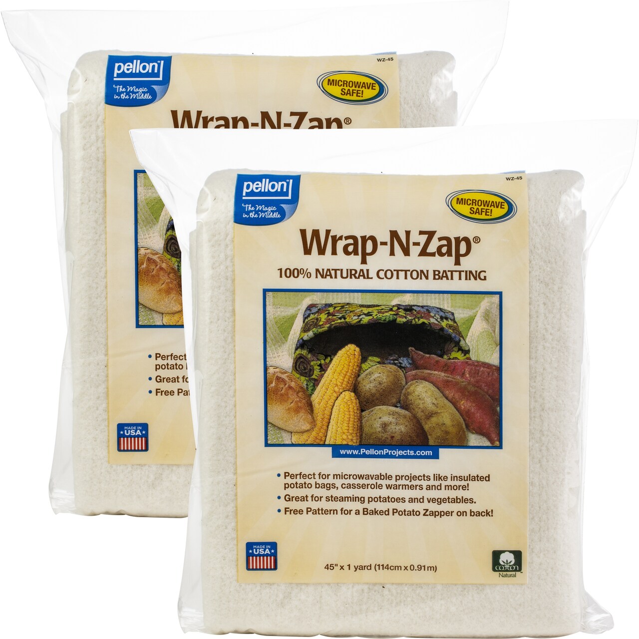 Multipack of 2 - Pellon Wrap-N-Zap 100% Natural Cotton Batting-45"X36"